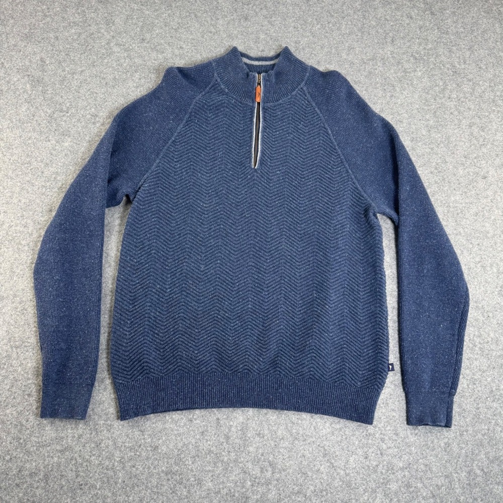 Tommy Bahama Mens Blue Chevron Textured Cotton Cashmere 1/4 Zip Sweater Medium